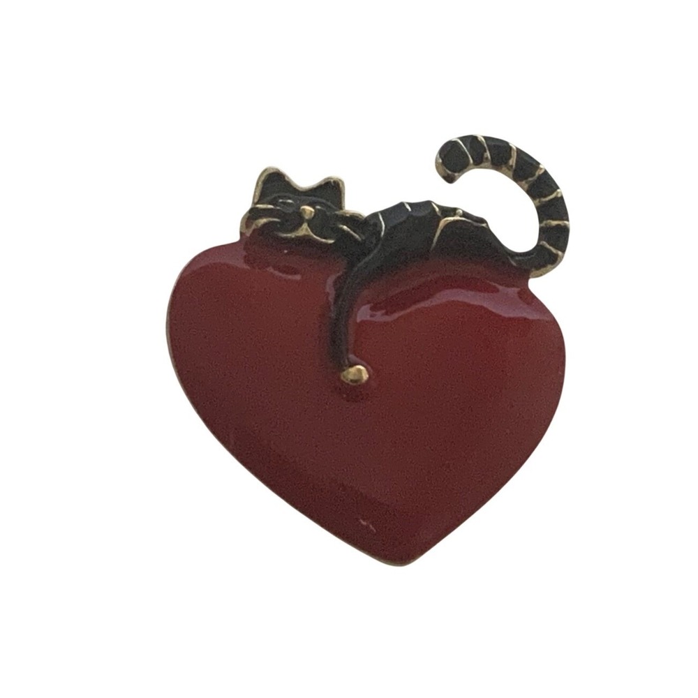 Vintage Black Cat on Red Heart Enamel Brooch Gold Tone Animal Lover Pin